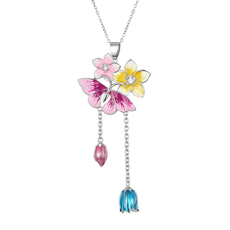 

ABAY 925 Sterling Silver Butterfly & Flower Pendant Necklaces Collar for Women Female Fashion Jewelry Gift