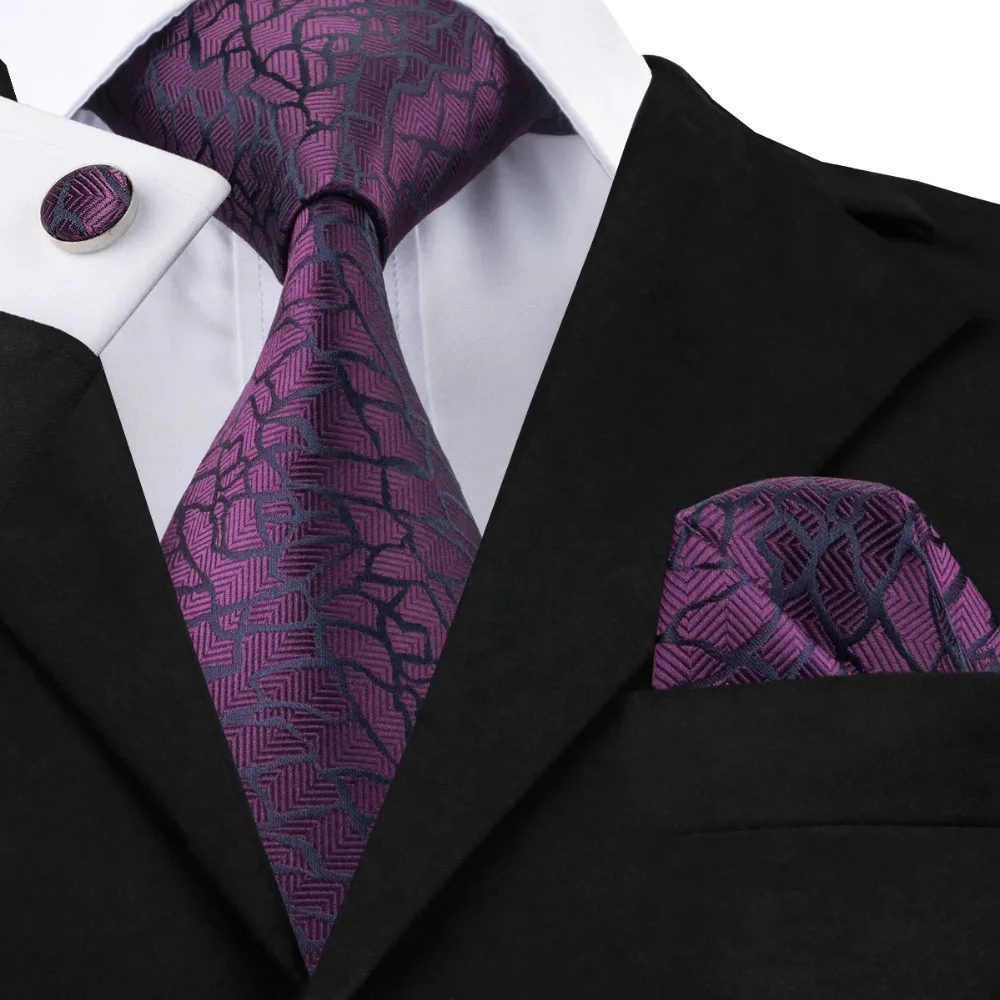 

SN-1004 Black Purples Novelty Tie Hanky Cufflinks Sets Men's 100% Silk Ties for men Formal Wedding Party Groom