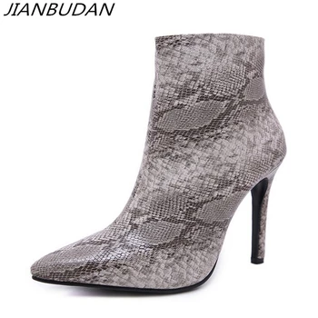 

JIANBUDAN Sexy women's high heel autumn Ankle boots Pu leather Snakeskin pattern Pumps Fashion Pointed Toe zipper Lady boots