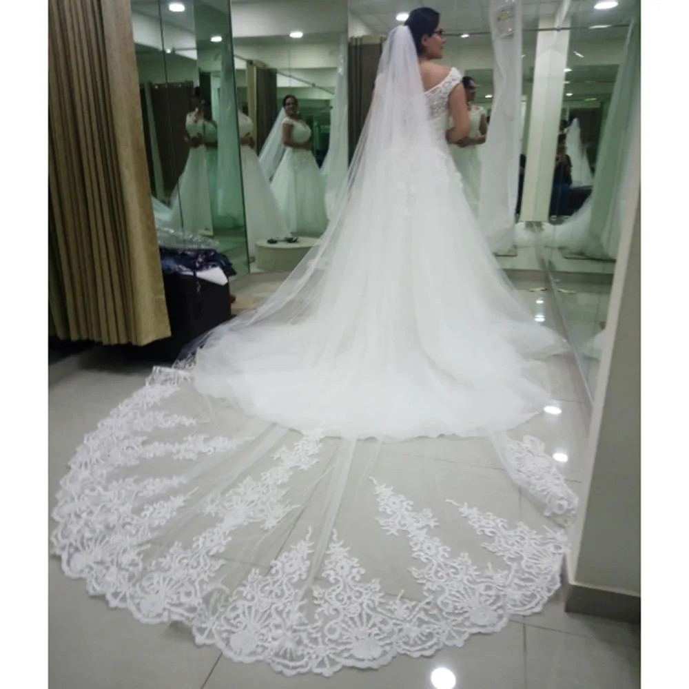 

Veu De Noiva 2019 Long 4M Bridal Veils with Comb High Quality Lace One Tier White Ivory Wedding Veil Welon