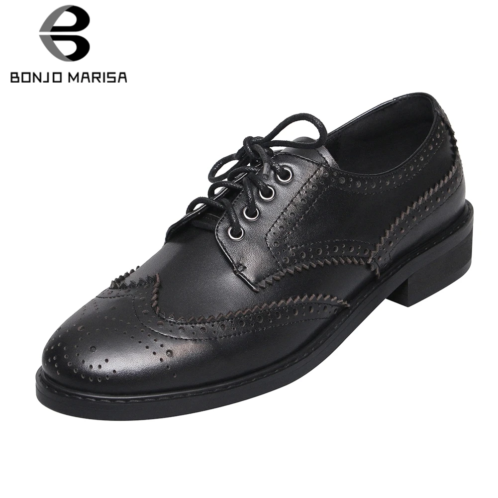 

BONJOMARISA Brand New Genuine Cow Leather Autumn Flats Woman Shoes Lace Up Leisure Comfottable Brogue Shoes Woman Flats 2019