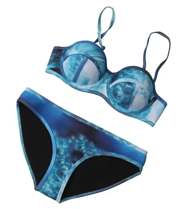 MUXILOVE сексуальный цветочный принт бюстгальтер с вкладышами Пуш Ап женское бикини из неопрена комплект нижнего белья купальник купальный костюм бикини - Цвет: Galaxy Blue