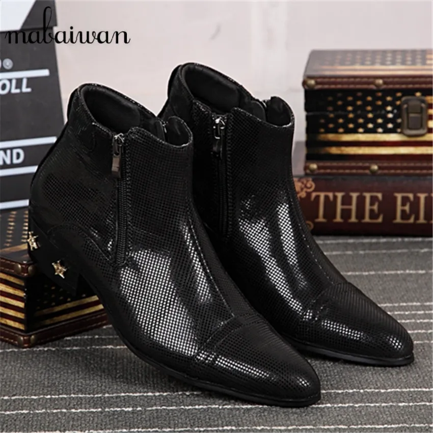 Handsome Autumn Men Ankle Boots Black Genuine Leather Botas Hombre Pointed Toe Cowboy Military Boots Creepers Dress Shoes