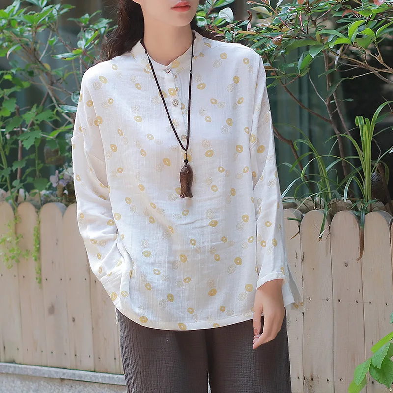 

ORIGOODS Dot Print Shirt Blouse Women Long sleeve Autumn Casual Blouse Plus size Kawaii Cute Cotton Linen Shirt Women Tops C189