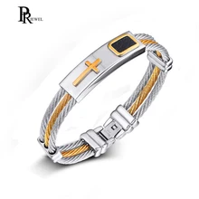 Нержавеющая сталь два тона провода Твист кожаный кабель крест манжеты браслет для мужчин