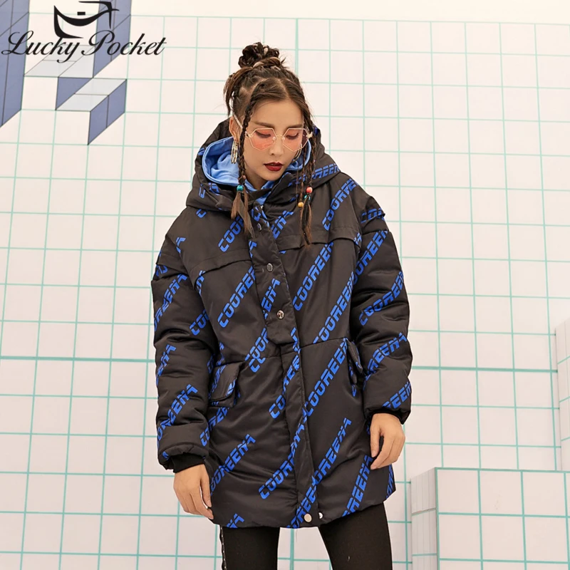 

Winter Female New Black Thick Warm Hooded Jacket Women Fashion Street Style Letter Parkas Plus Size Long Sleeve Casual Coat Z999