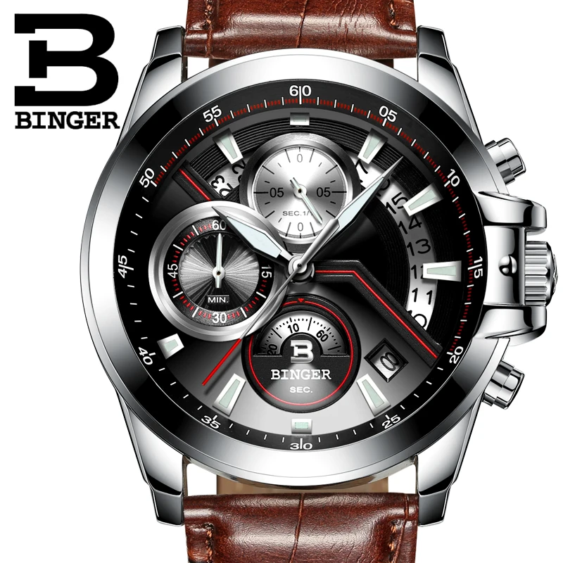 

New Men's Watch Luxury Top Brand BINGER Big Dial Designer Chronograph Water Resistant stainless quartz Wristwatches B-9016-8
