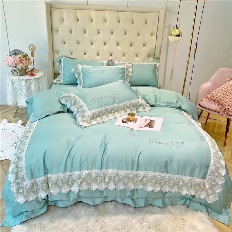 Luxury Green Pink Blue Gray 100S Tencel Silk Princess Girl Bedding Set Lace Queen King Size Duvet Cover Bed Sheet Pillowcases | Дом и сад