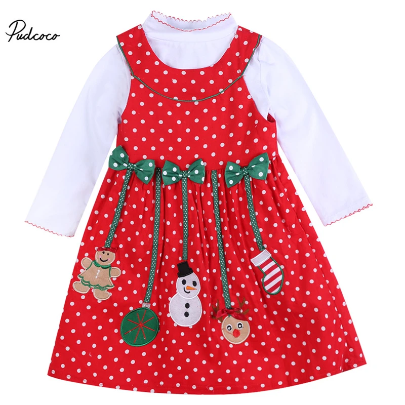 

2017 Girl Kids 2pcs Christmas Outfits Long Sleeve Shirt Tops Sleeveless Polka Dot Vest Dress Sets 2-7Y Sweet