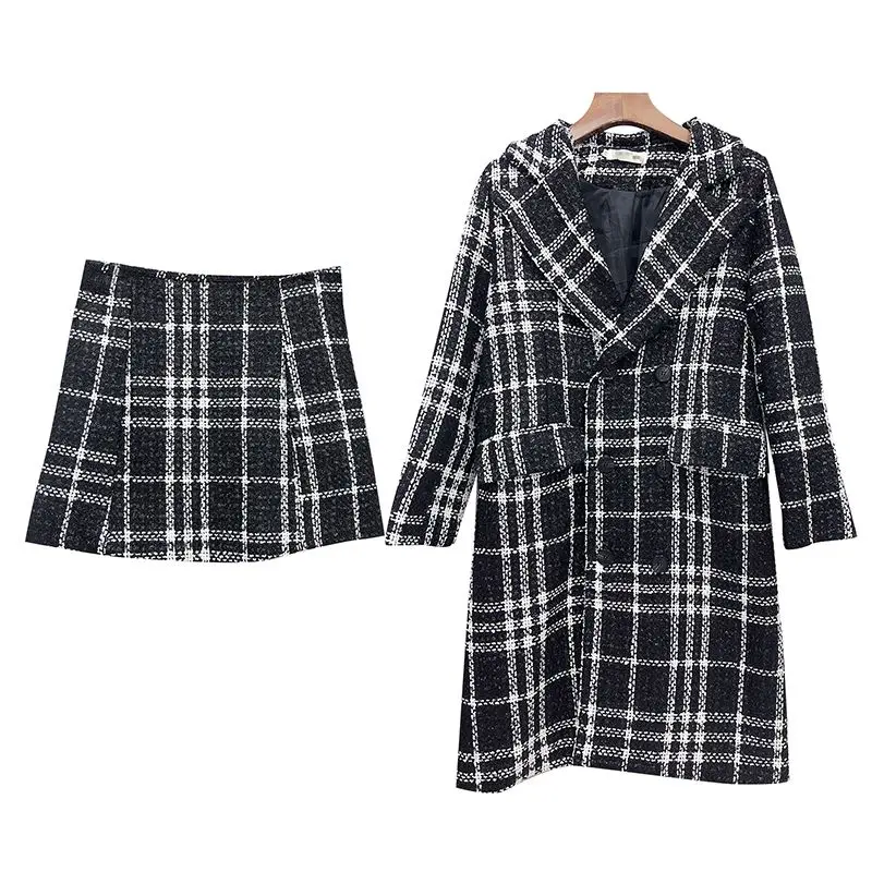 PERHAPS-U-women-black-white-plaid-tweed-button-coat-mini-skirt-zipper-pencil-2-two-pieces