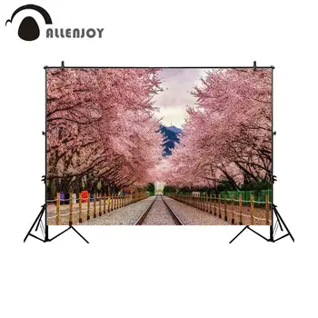 

Allenjoy backdrop for photographic studio Vintage Train station beautiful Cherry blossom festival background spring photocall