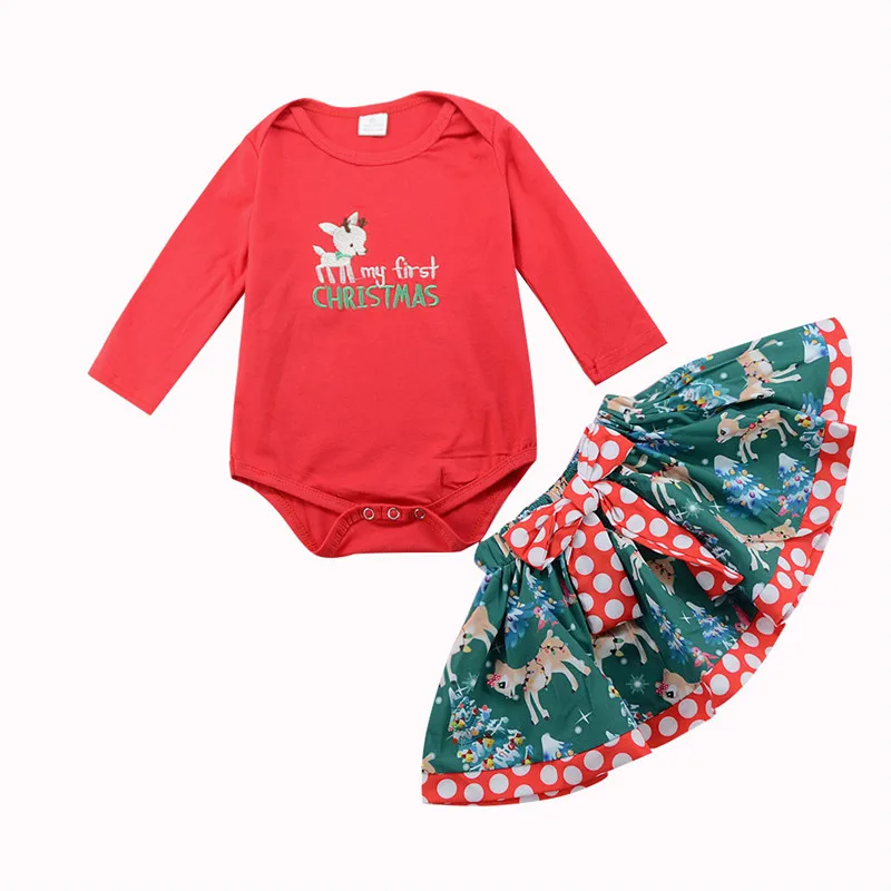 Рождественская одежда для маленьких девочек; Рождественский комплект одежды с длинными рукавами для новорожденных; Одежда для маленьких девочек на первое Рождество; комбинезон+ юбка; D0935 - Цвет: D0930