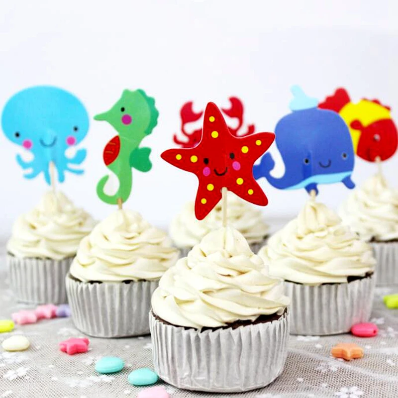 

72pcs Seas Animals Ocean Fish Cupcake Topper pick child Birthday Party Supplies Decoration Seabed Crab Starfish Whale Octopus
