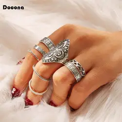 Docona 8 шт./компл. Новый Boho Винтаж Серебряный цветок резьба для средней фаланги Пальца кольца укладки Украшения для пальцев для Для женщин Brincos