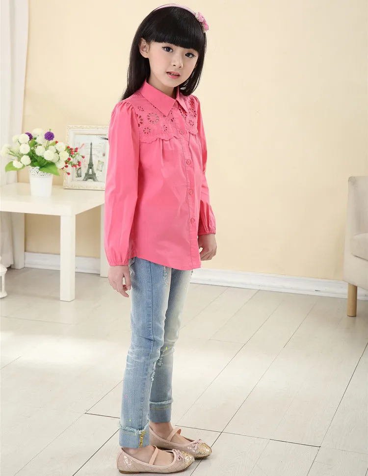 Новые хлопковые рубашки для девочек 5-16 лет, демисезонная детская белая и розовая блузка с длинными рукавами, брендовые Детские Короткие топы, HC330