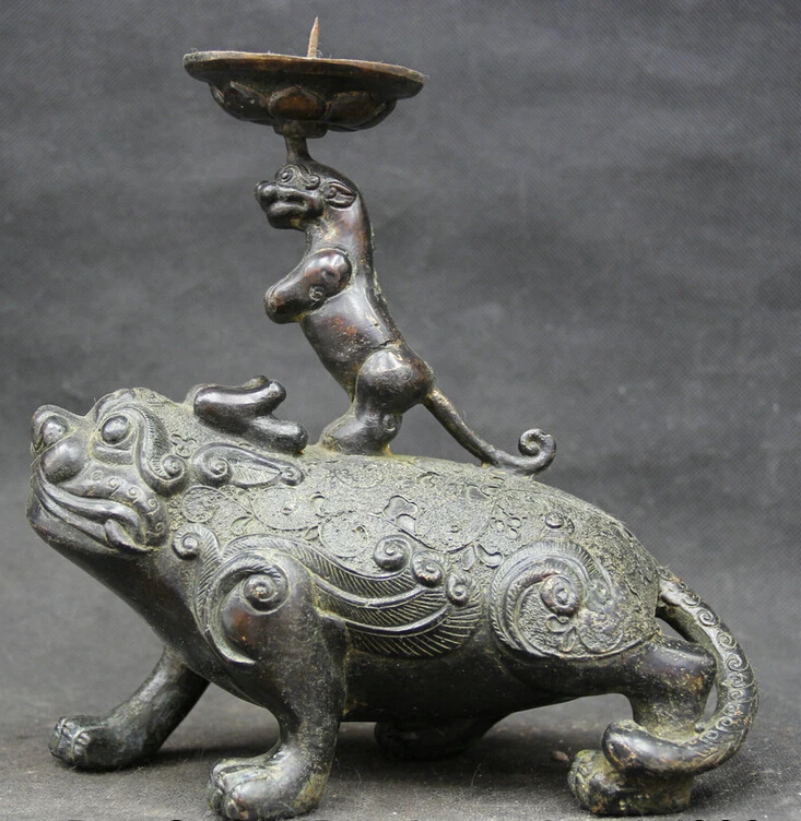 

S2449 9" China Chinese Bronze Folk dragon beast animal Candle Holder Candlestick D0318