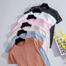 Shintimes Летняя трикотажная футболка женская блестящая повседневная Однотонная футболка корейские топы с круглым вырезом Женская тонкая футболка Harajuku