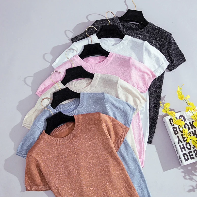 

Shintimes 2019 Summer Knitted T Shirt Women Shiny Casual Solid T-Shirt Korean Tops O-Neck Tee Shirt Femme Slim Harajuku Tshirt