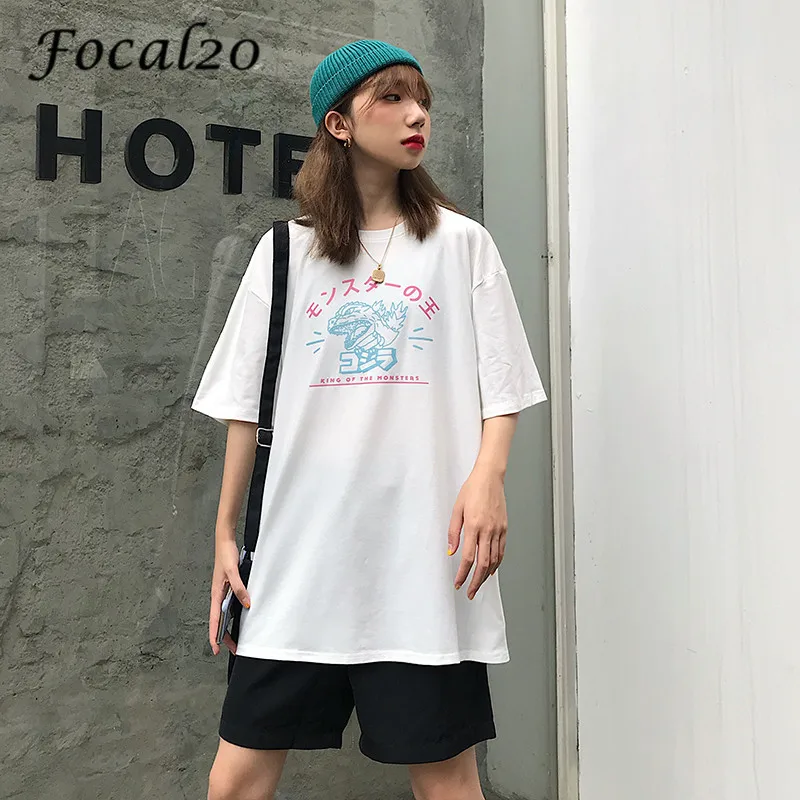 Focal20 Harajuku динозавр японский принт Женская футболка футболки весна лето короткий рукав вырез лодочкой Свободная Женская футболка футболки