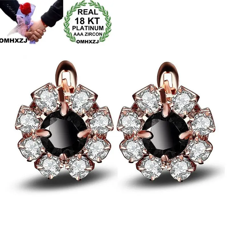 

OMHXZJ Wholesale Personality Fashion OL Woman Girl Party Gold White Black Flower Zircon 18KT Light Gold Hoop Earrings YE385