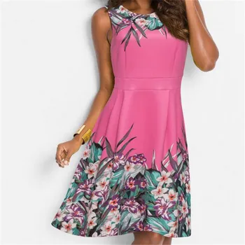 

Women Floral Dresses Summer Vintage Sleeveless Dress Round Neck Womens Retro Tunic Short Sleeved Print Floral Dresses Plus New