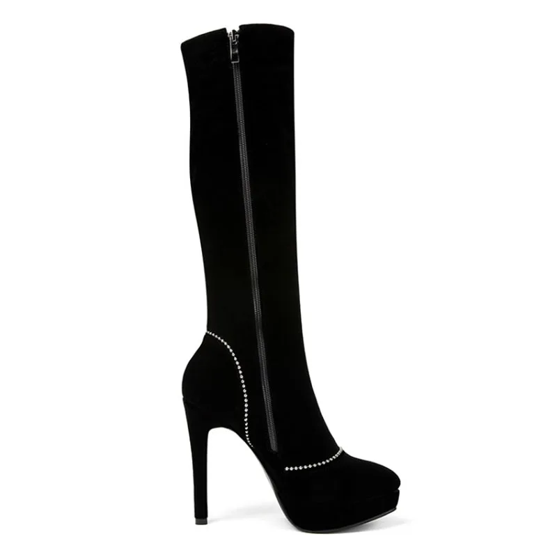 Solide Hiver Chaussures Genou Talons À forme Long Zipper Femmes Zip Bottes Peluche Perle Plate Mince Noir Haute Nubuck haute Courte Chaîne Rond Bout Troupeau rZ5qr