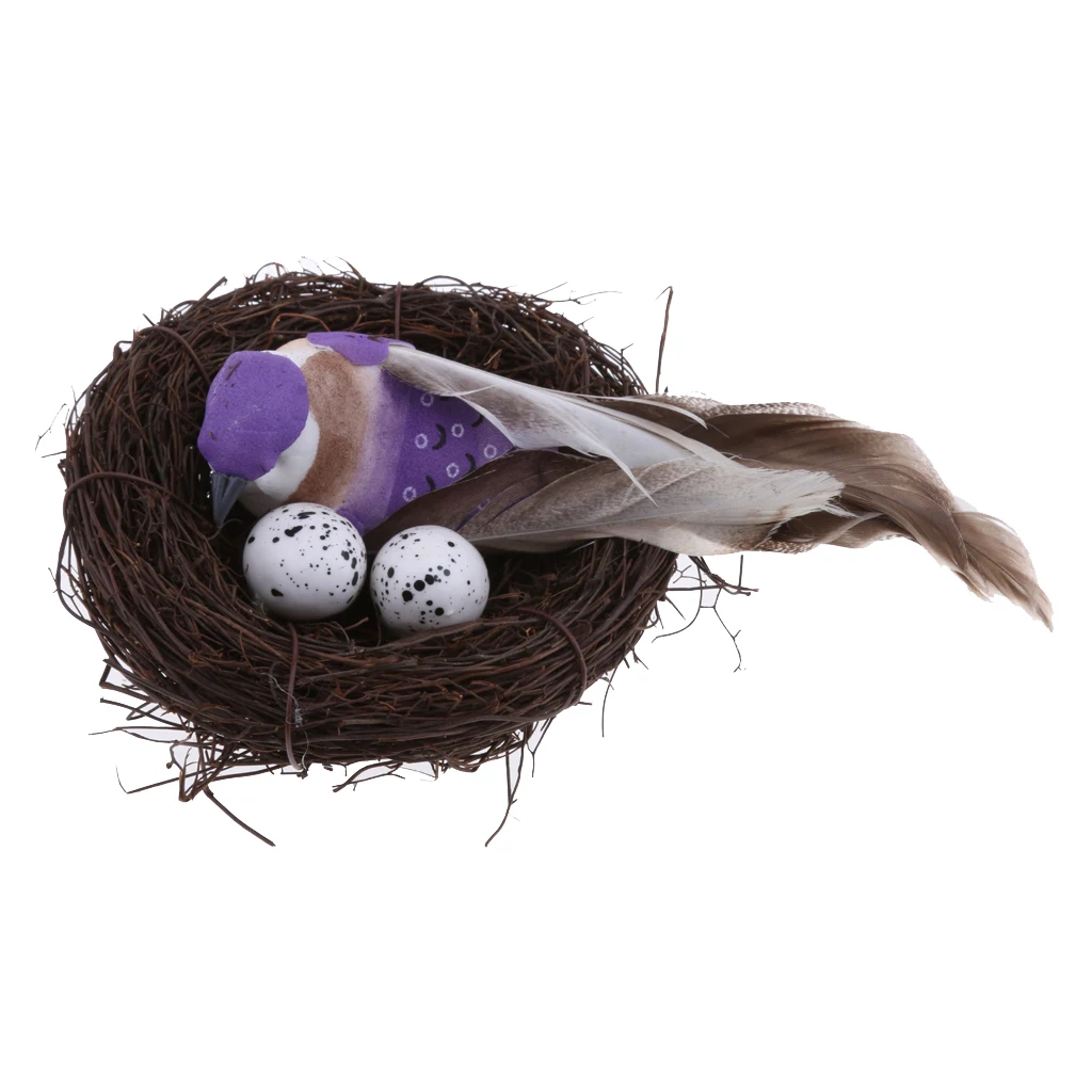 6pcs Straw Artificial Feather Foam Birds in Nest with Eggs Simulation Craft 