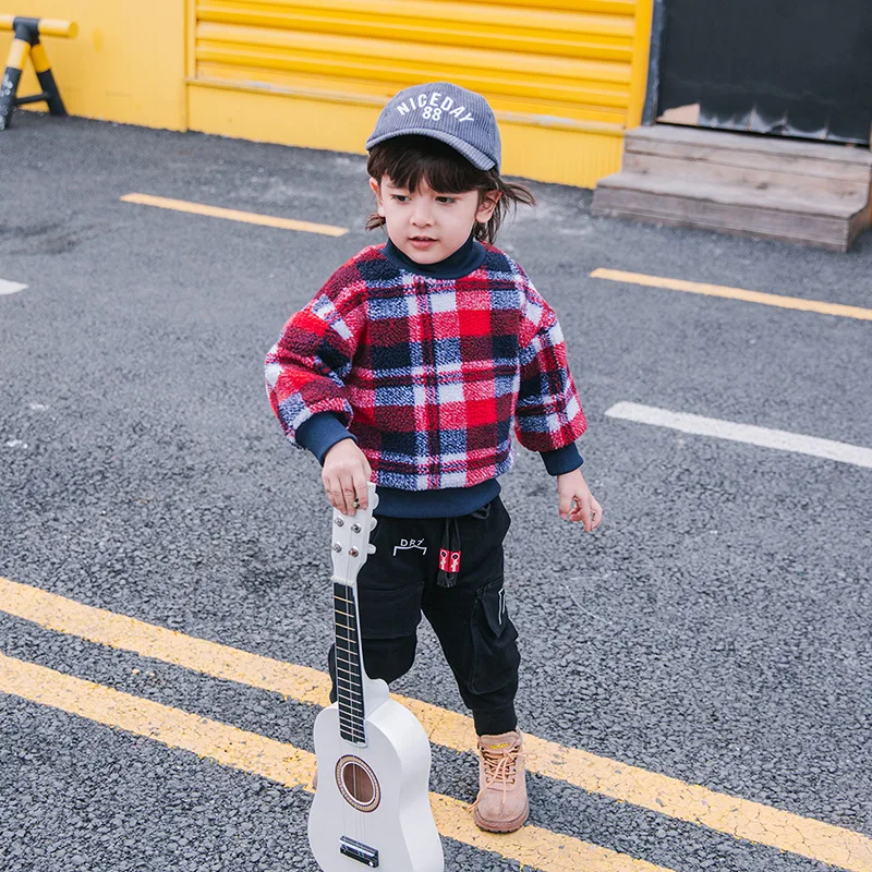 

2018 autumn and winter children's plaid sweater boys double-layer collar thickening new shirt baby warm jacket