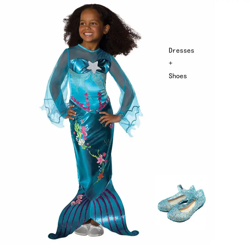Маскарадные костюмы для девочек, Русалочка, Линда, фантазия, менина Ариэль, праздничные платья с жемчугом, Детские карнавальные костюмы на Хэллоуин - Цвет: Blue Dresses 03