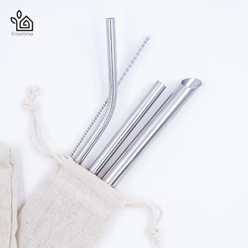 

Entertime Set of 3pcs Stainless Steel Drinking Straws Reusable Metal pointed Straws+1 pc cleaner brush with pouch bag