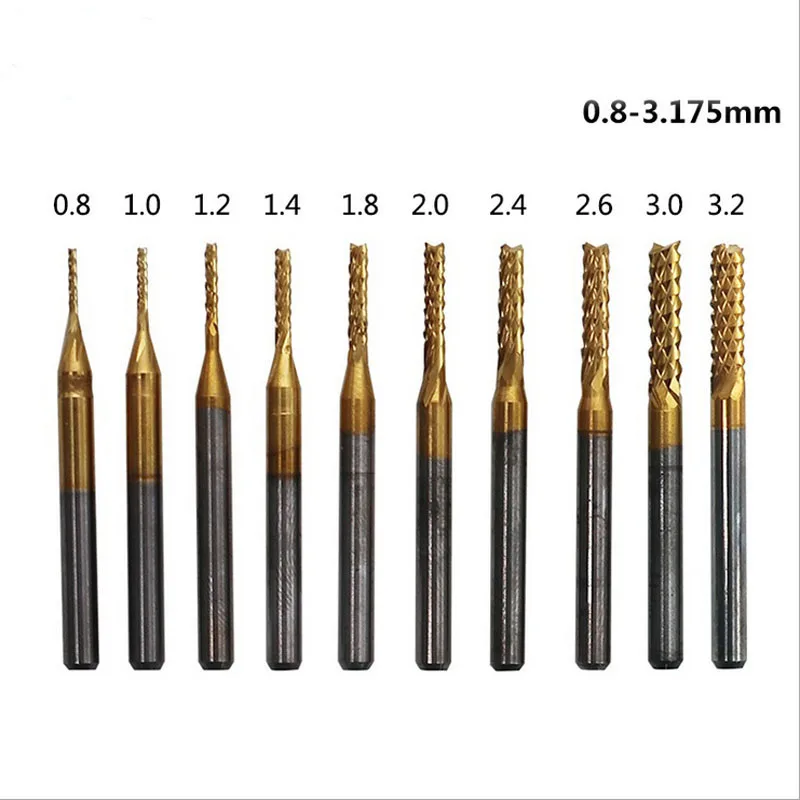 

10pcs 0.8mm-3.175mm Titanium Coated Carbide End Milling Cutter Engraving Edge Cutter CNC Router Bits End mill for PCB Machine