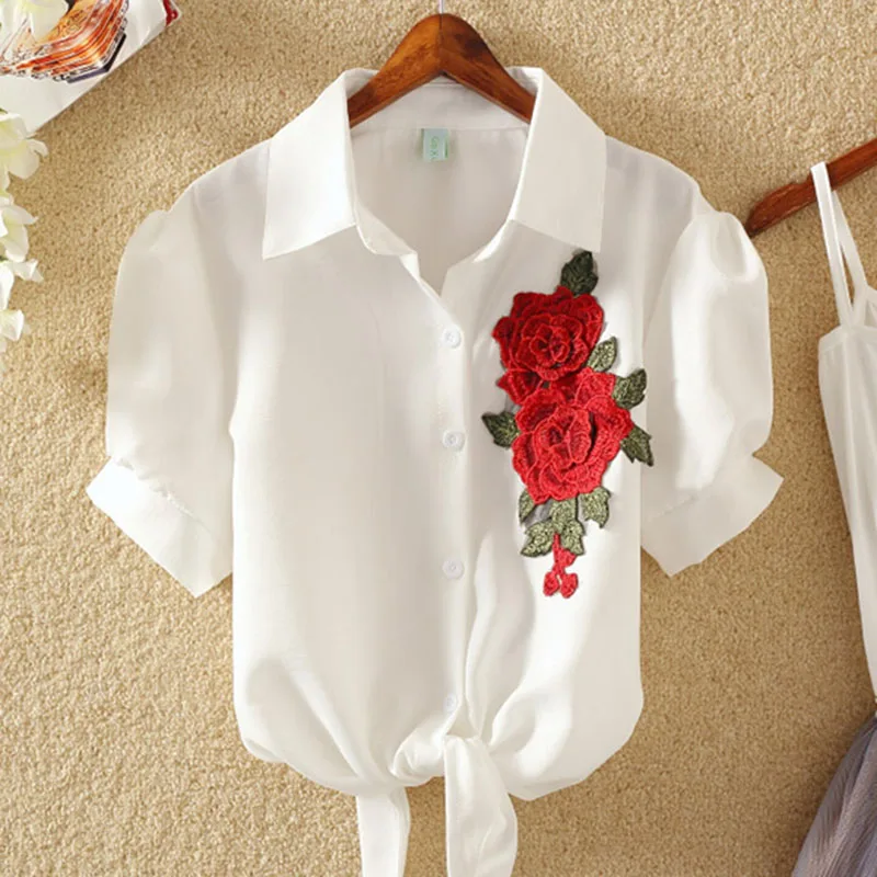 

Blouses Women's Feminine 2019 New Shirt Fashion Striped Embroidered White Tops Summer Clothes For Women Stylish Ladies 001-2