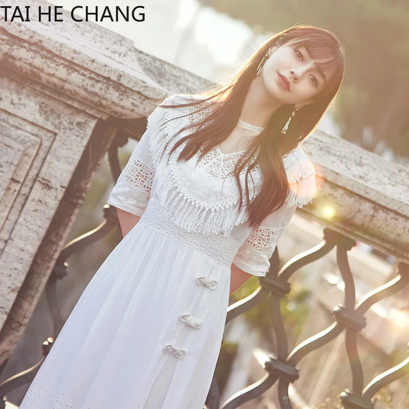 

Women Dress New Fashion Summer Elegant Slim Bodycon Casual Party Beach Runway Maxi Lace Tassel White Hollow Out Dresses