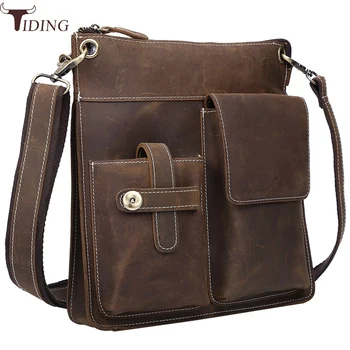 

Tiding Mens Genuine Leather Vertical Messenger Shoulder Bag for iPad Small Casual Vintage Solid Soft Zipper Brown Handbag 1100
