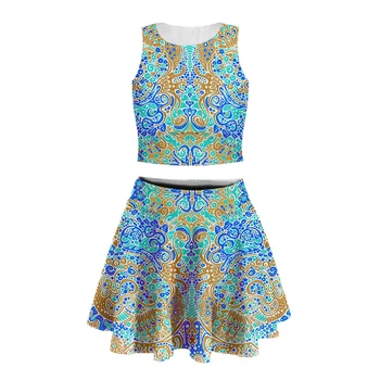 

3d Print women geometric Retro tank top with short skirt high quality Bohemia abstract Short Skirt Cheerlead Dancing suits-16