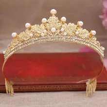 Золотой лист с жемчугом и Стразы Принцесса свадьба гребешок для волос в виде тиары невесты корона для женщин торжества выпускного вечера волос Diadema украшения