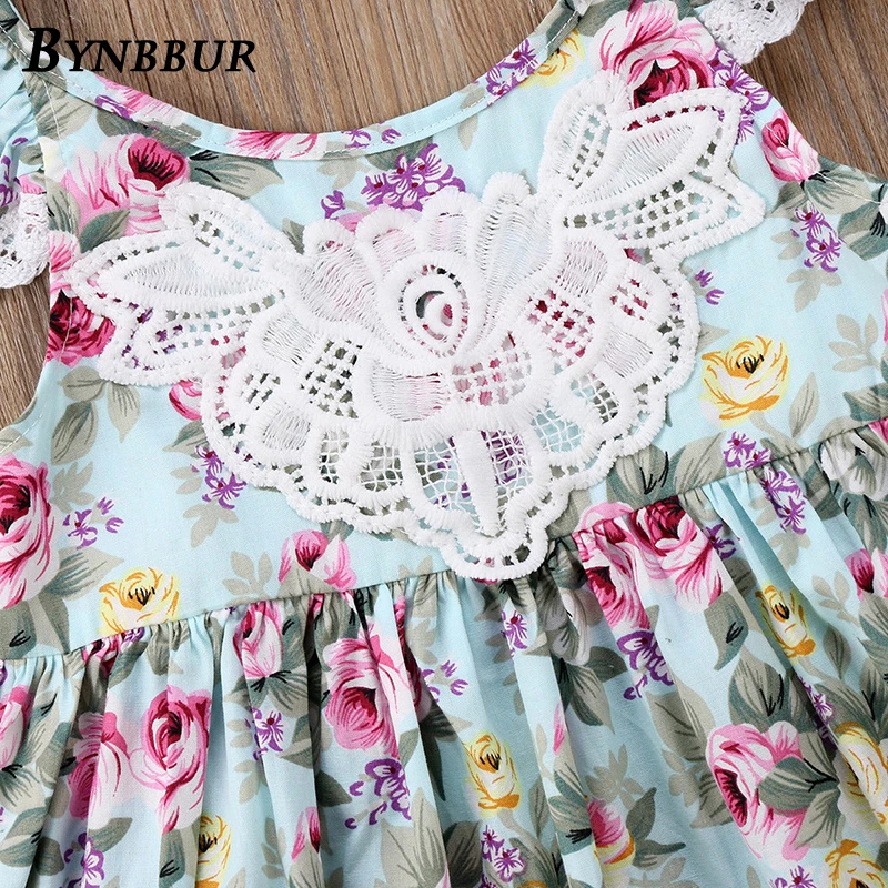 Bynbbur Lace Patchwork Floral Print Dress Girls Party Dress Sleeveless Cute Baby Backless Kid Girl Mini Dress 2019 Summer New