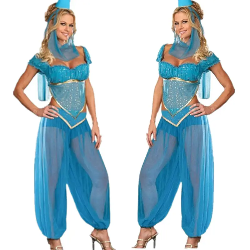 

Ladies Sexy Aladdin Princess Jasmine Genie Costume Belly Dance Fancy Dress Blue