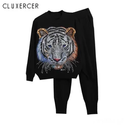 Spring Autumn 2 Piece Set For Women 3D Tiger Beading SweaterShirt +Pants Suit Tracksuit Knitted Sprotswear Outfit Spring Autumn 2 Piece Set For Women 3D Tiger Beading SweaterShirt +Pants Suit Tracksuit Knitted Sprotswear Outfit