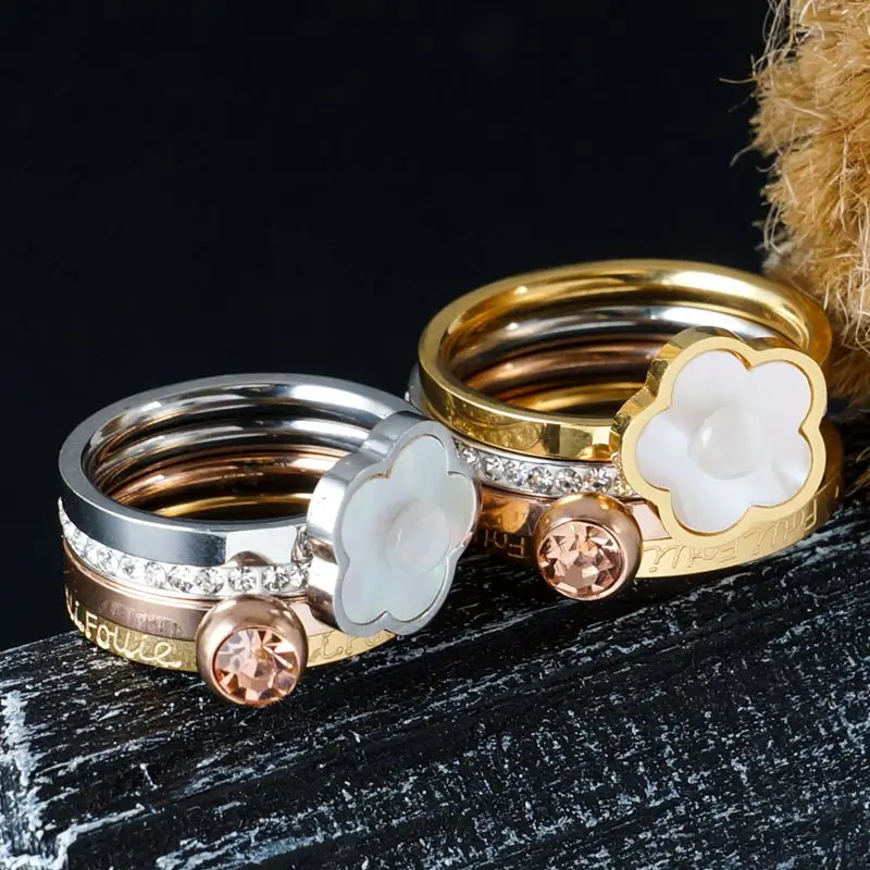 Кольца на палец с цветами из нержавеющей стали, многослойное сочетание, белые кольца ракушки для женщин, Кристальное кольцо, модное свадебное ювелирное изделие