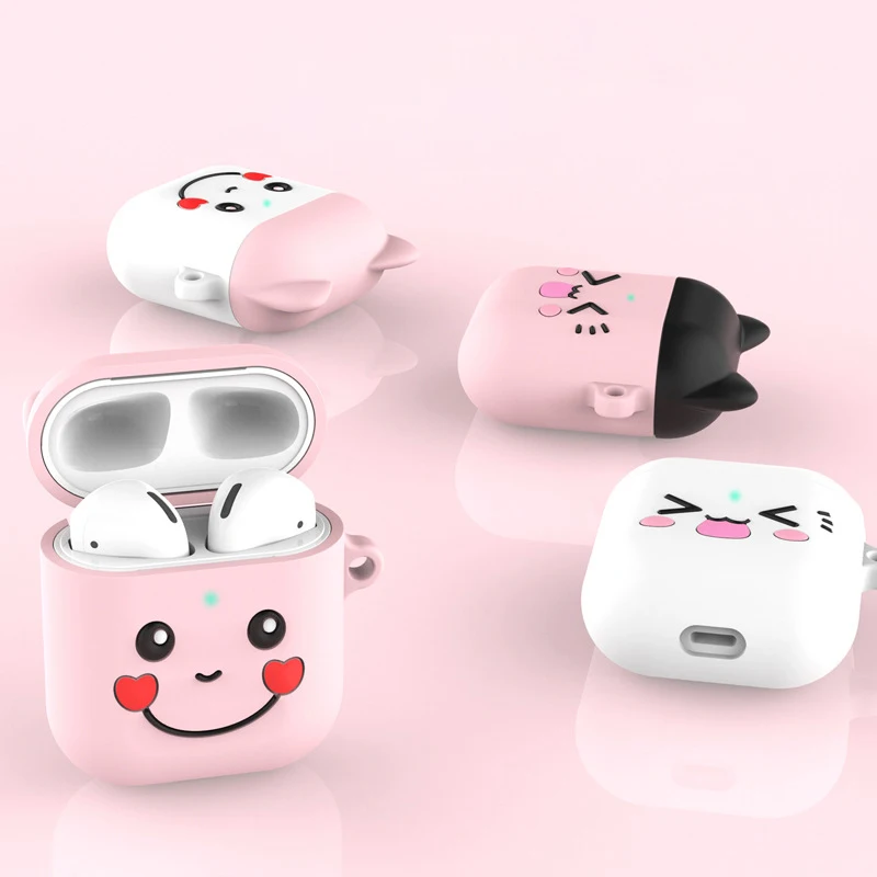 

Cute Smile Face Cover For Apple Airpods Soft Silicone Protective Cover For Airpods Charging Box Case With Finger Ring Strap