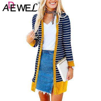 

ADEWEL 2019 New Fashion Women Casual Long Sleeve Coats Clothes Stripe Printed Female Loose Jackets Casual Cardigan Outwear Coat