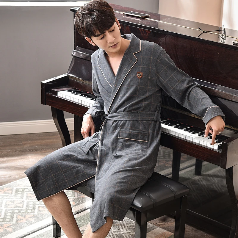 New Plus Size Bathrobe Male Plaid 100% Cotton Trendy Bath Robe Classy Kimono Men Kimono Hombre Good Quality Brand Yukata For Men