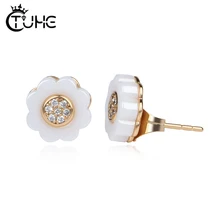 Модные женские серьги в форме цветка, CZ Стразы, элегантные здоровые белые серьги-гвоздики из керамики, свадебные ювелирные изделия, подарок для женщин
