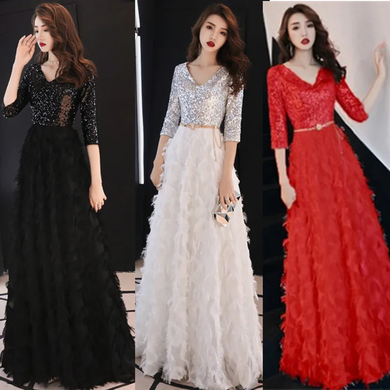 

Elegant Sequins Evening Party Dress Vestidos Verano 2019 New Mesh Runway Dress Formal Party Feather Tassels Woman Bruiloft Dress