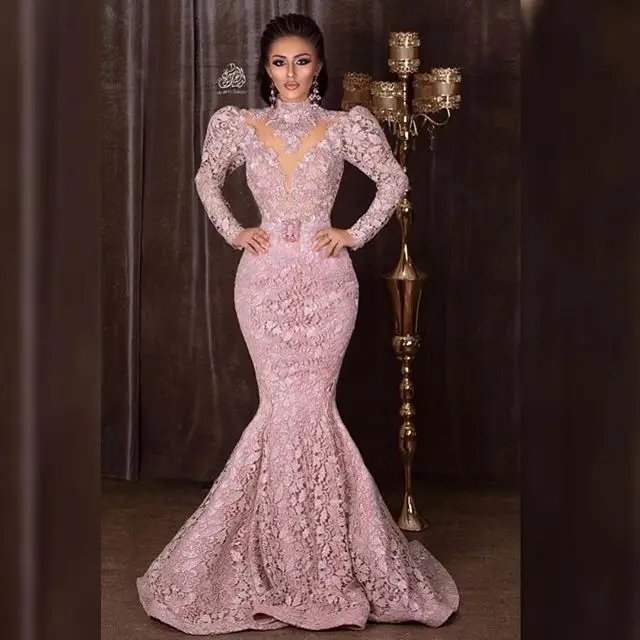 

2019 Modern Luxury Evening Gowns Long Sleeve Applique Lace High Neck Mermaid Prom Dresses Formal Dress robe de soiree