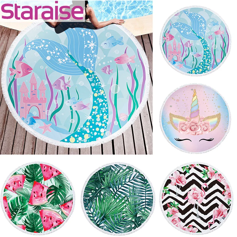 

Staraise Unicorn Flamingo Microfiber Beach Towel Printed Mermaid Watermelon Tropical Leaves Round Beach Towel Home Party Decor