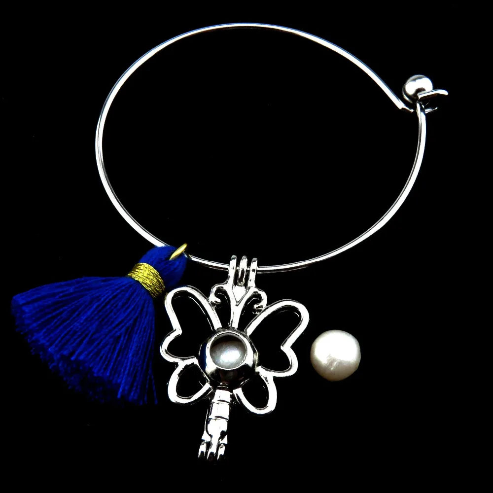 KB12 Girl Tassel Charms Expandable Cuff Bangles Bracelet Insect Natural Pearl Bead Cage Locket