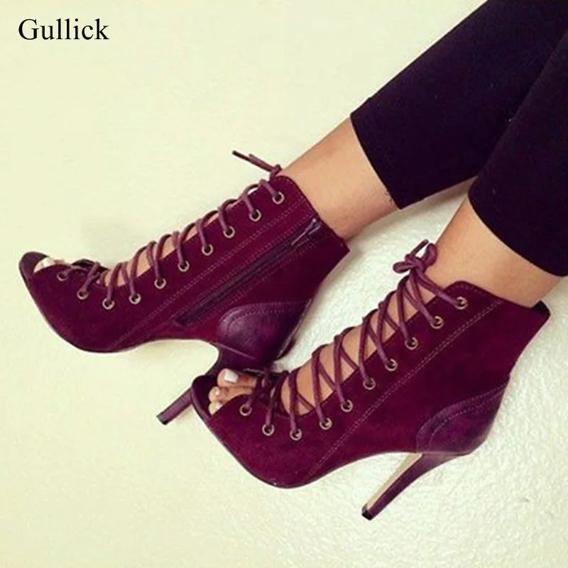 Большой Размеры 13 цвет красного вина Для женщин ботильоны на шнуровке Открытый носок вырез сандалии-гладиаторы; ботинки пикантные шпильки
