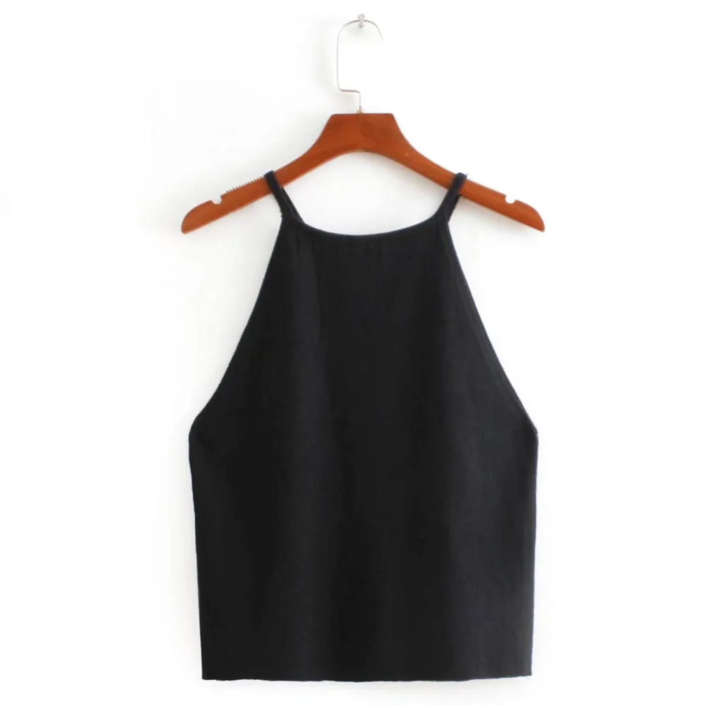 

FIRSTTO Sexy Knitted Halter Fitness Slim fit Tight Spaghetti Strap Camis Ribbed Striped Line Short Tee Fashion Women Top 4 Color